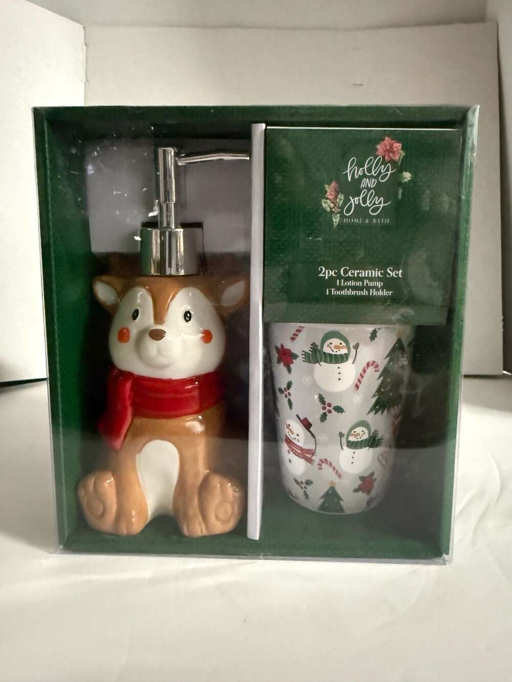 Holly and Jolly Home & Bath 2pc Ceramic Christmas Reindeer Lotion Pump and Snowm